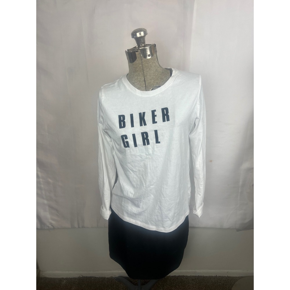 Time and Tru Womens Biker Girl Graphic Long Sleeve T-Shirt White Small 4-6